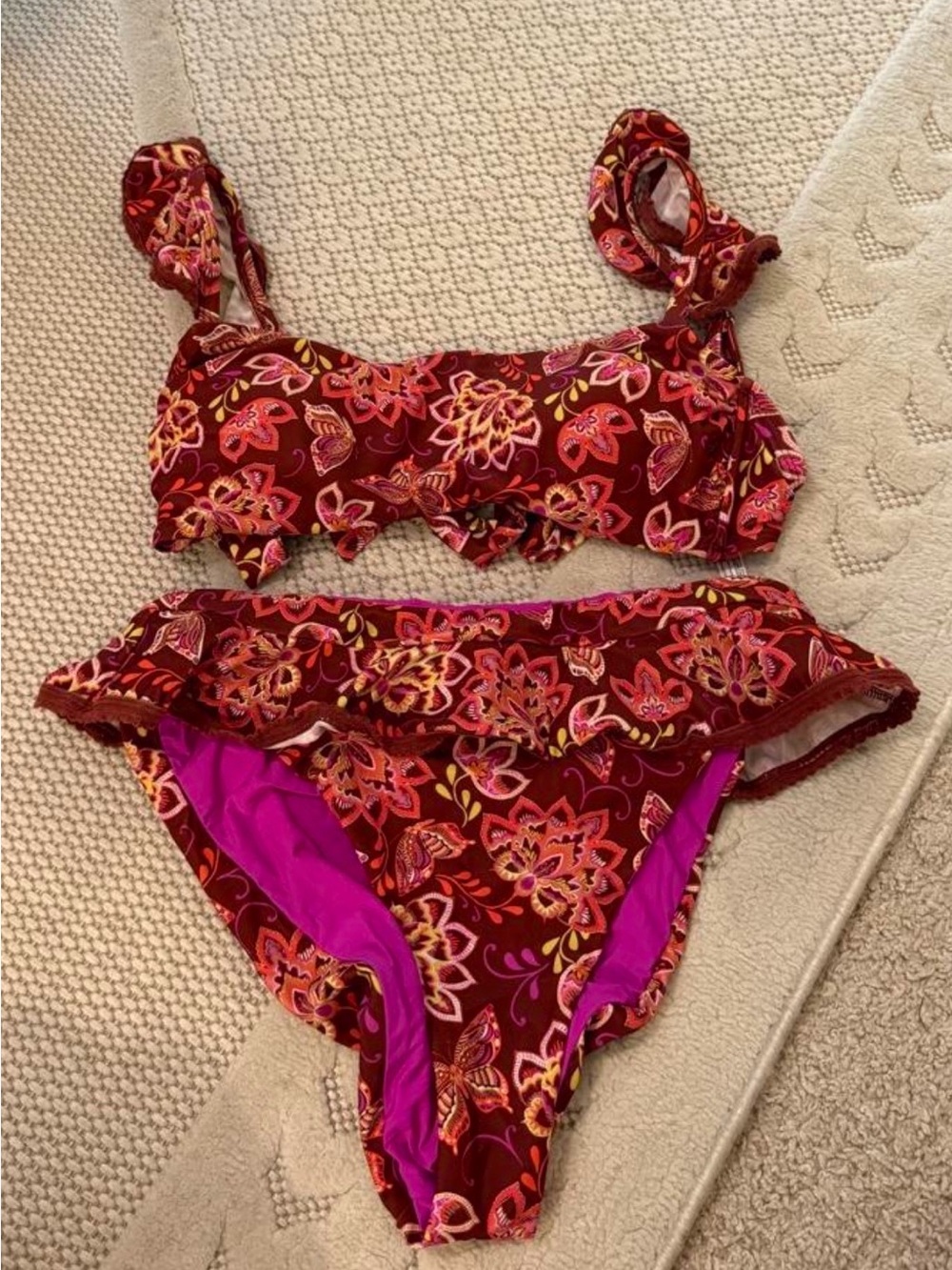Anthropologie  Floral Ruffle Two-Piece Swimsuit - Burgundy Pink